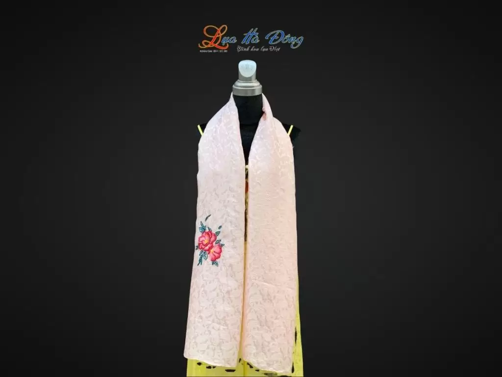 Khăn lụa thêu tay đuôi công hồng
