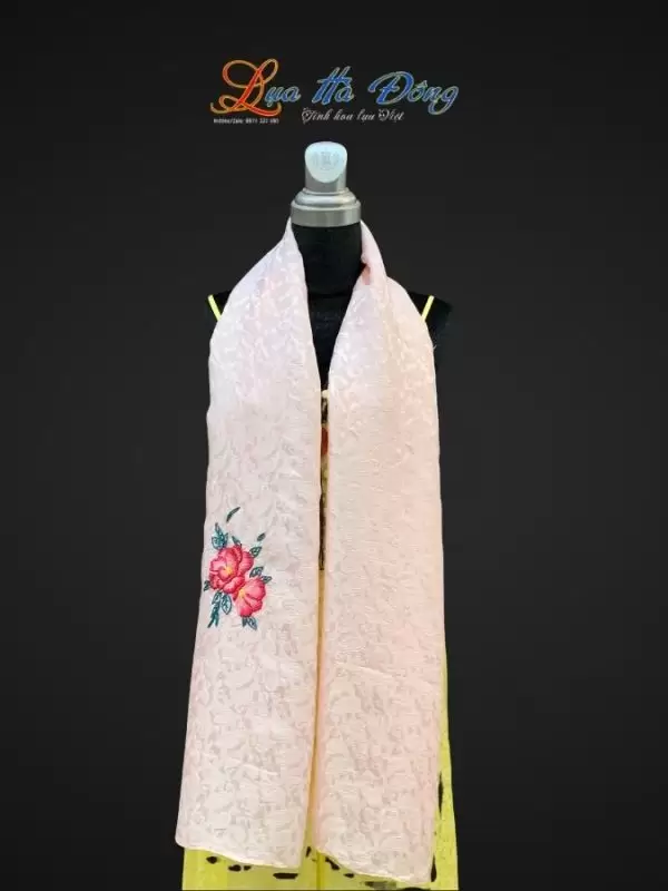 Khăn lụa thêu tay đuôi công hồng