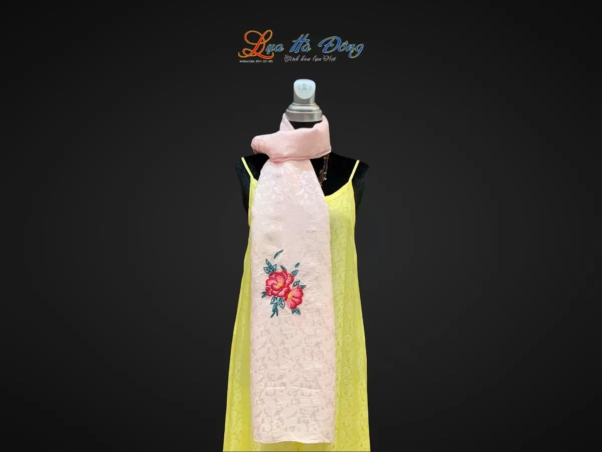Khăn lụa thêu tay đuôi công hồng