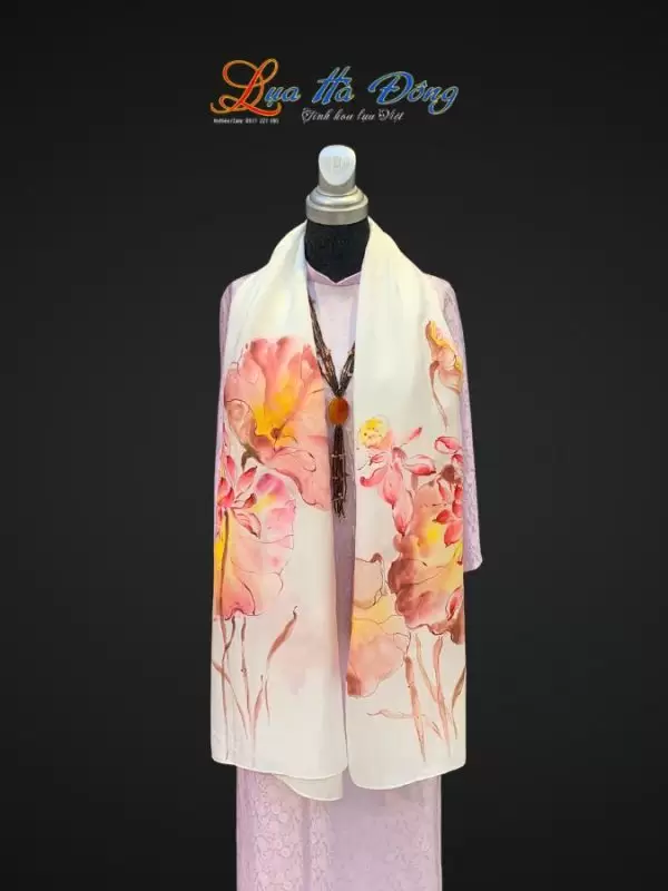 Khăn lụa tơ tằm màu trắng hoa sen