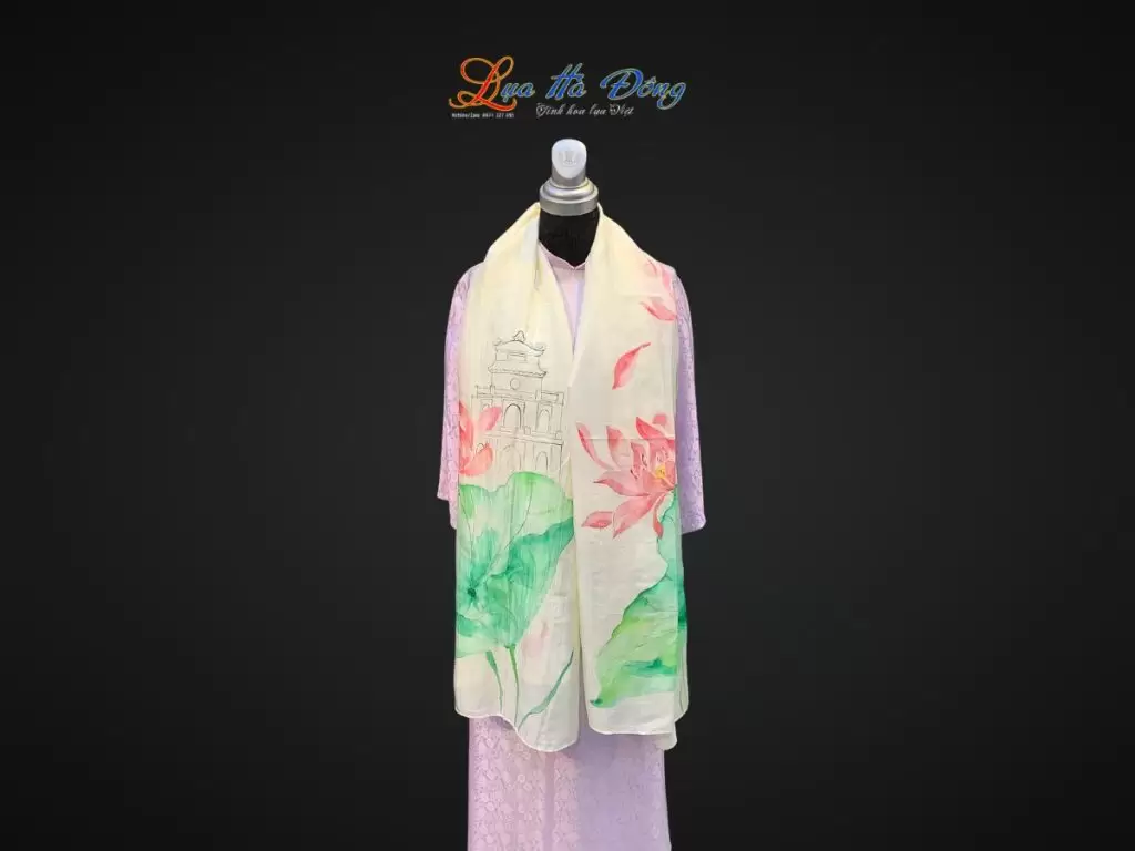 Khăn lụa tơ tằm vẽ tay Hồ Gươm màu kem