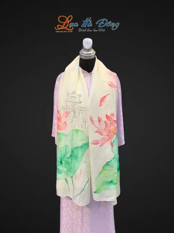 Khăn lụa tơ tằm vẽ tay Hồ Gươm màu kem