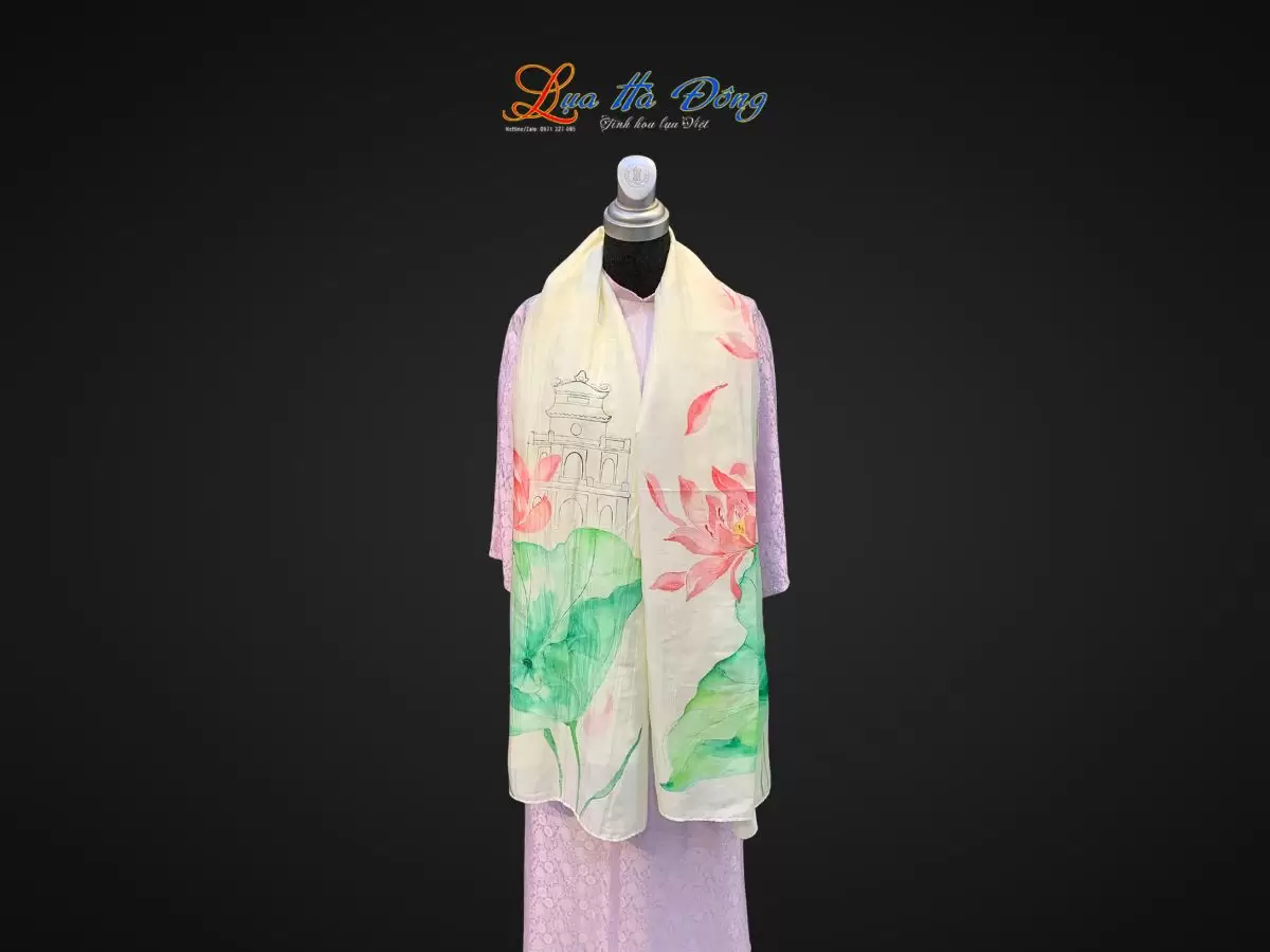 Khăn lụa tơ tằm vẽ tay Hồ Gươm màu kem
