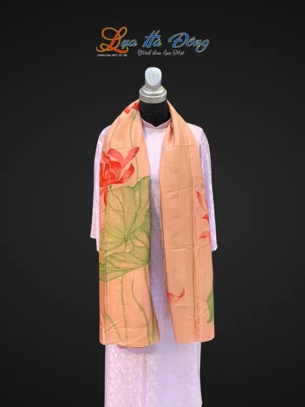 Khăn lụa tơ tằm vẽ tay sen hồng cam