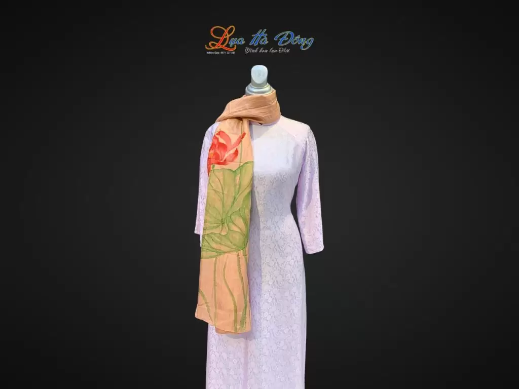 Khăn lụa tơ tằm vẽ tay sen hồng cam