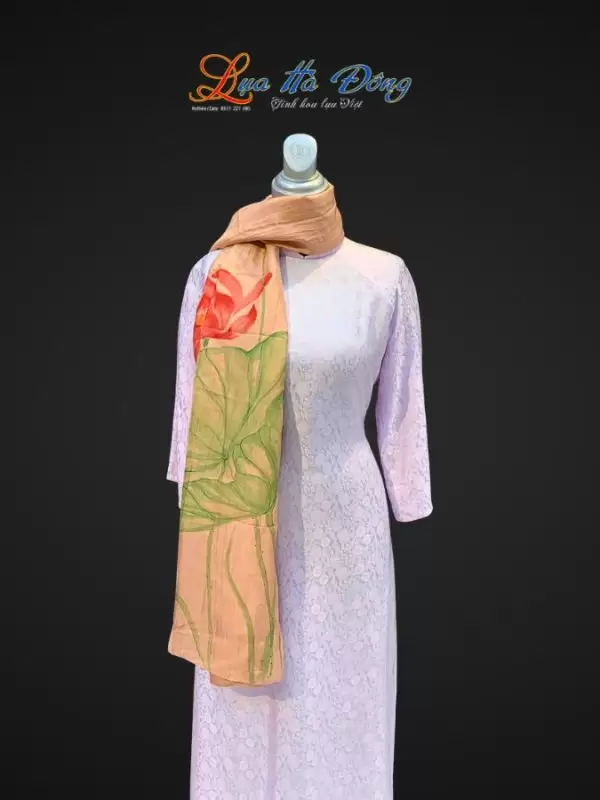 Khăn lụa tơ tằm vẽ tay sen hồng cam