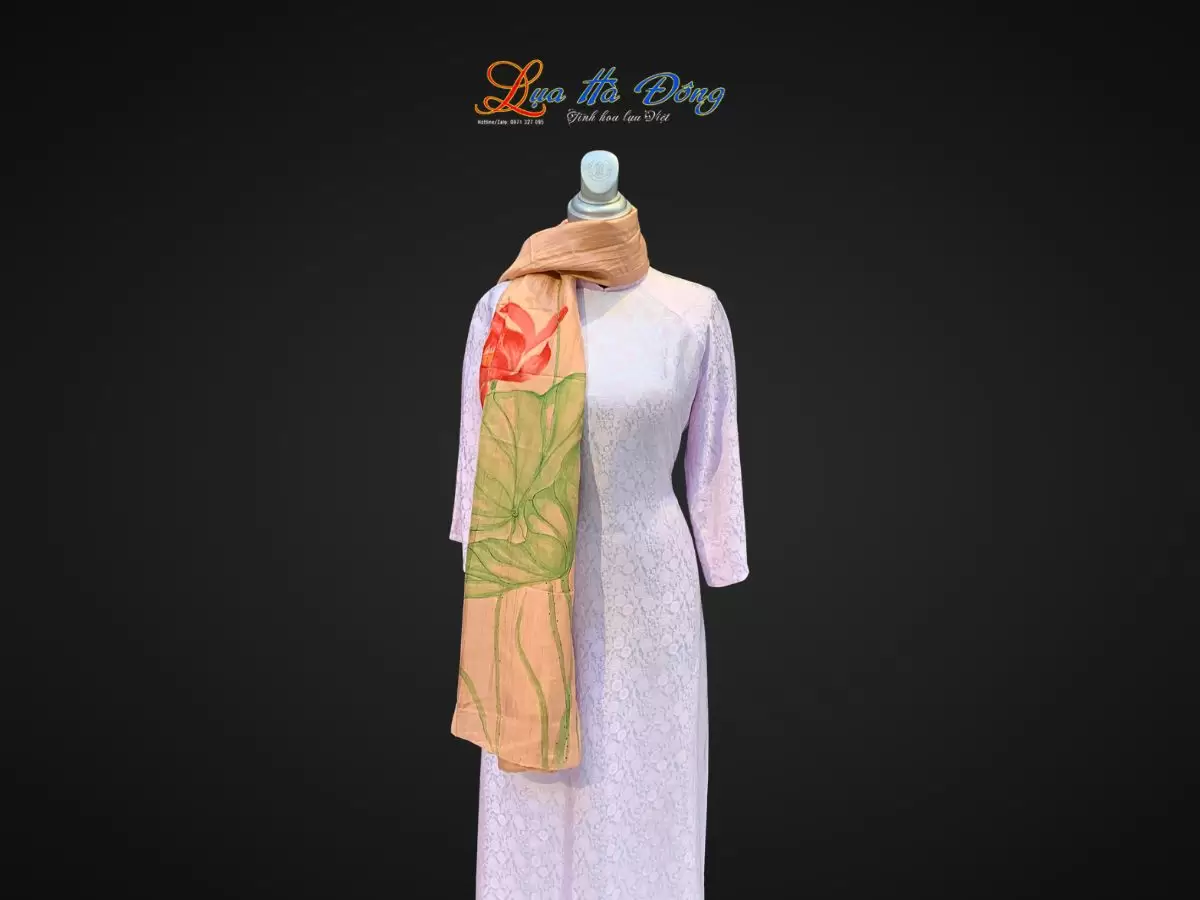 Khăn lụa tơ tằm vẽ tay sen hồng cam
