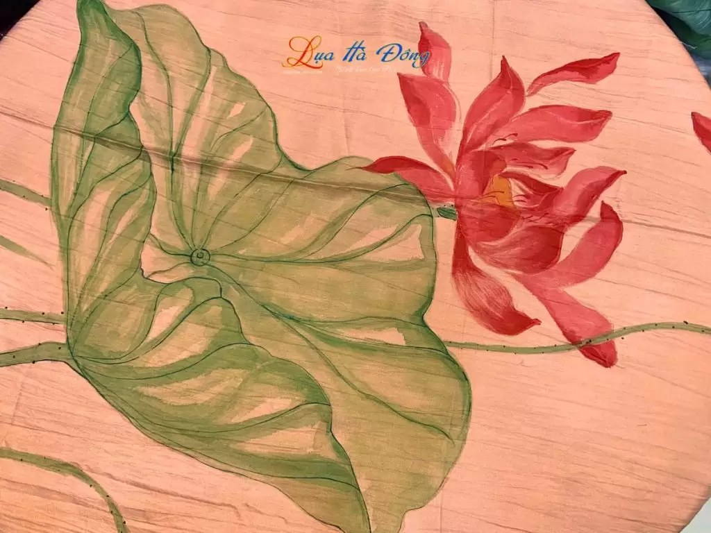 Khăn lụa tơ tằm vẽ tay sen hồng cam