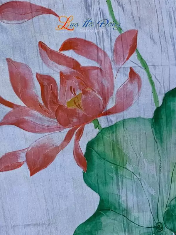 Khăn lụa tơ tằm vẽ tay sen màu xanh