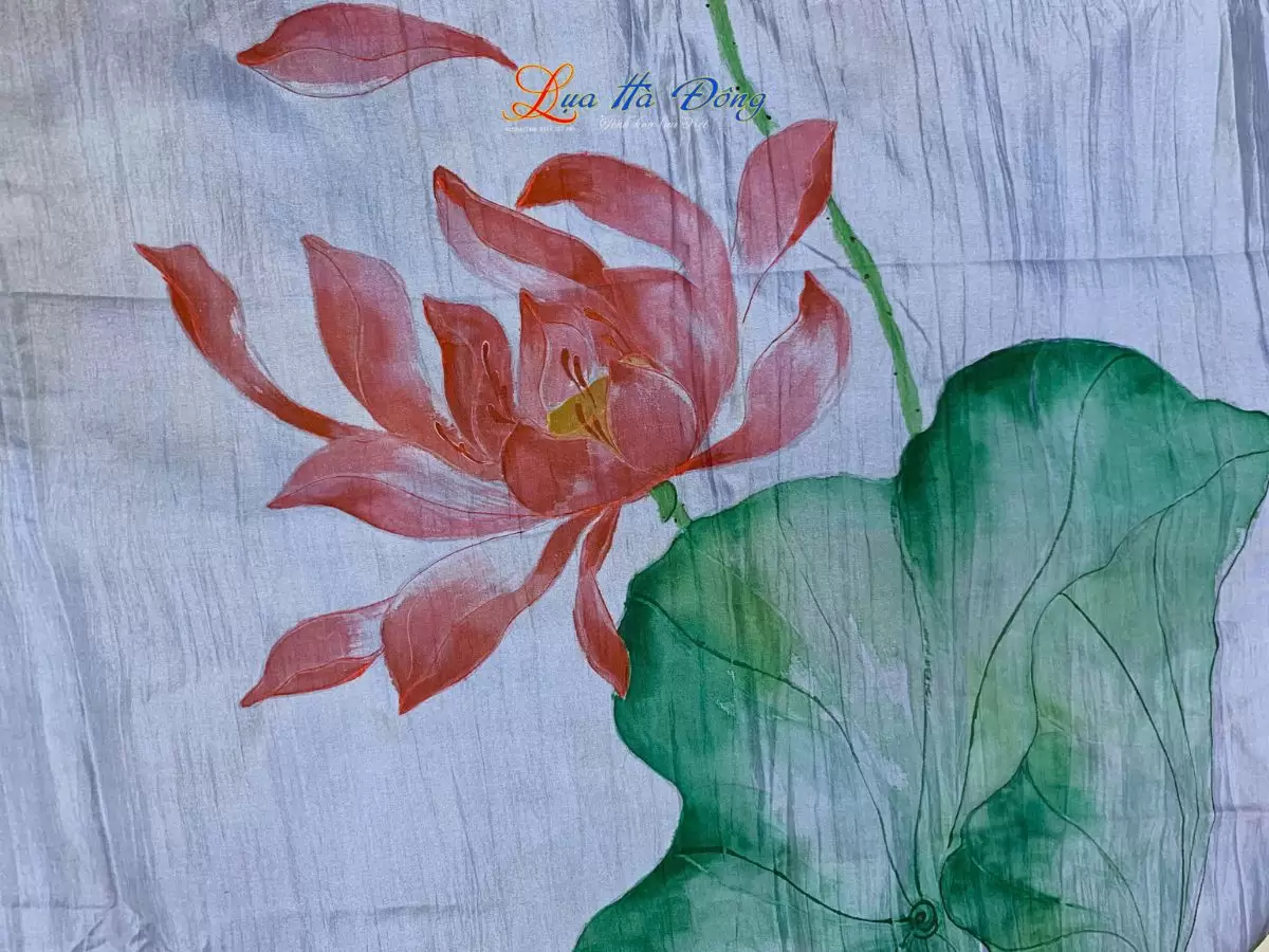 Khăn lụa tơ tằm vẽ tay sen màu xanh