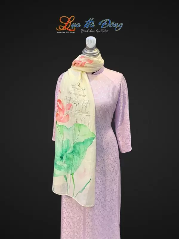 Khăn lụa tơ tằm vẽ tay Hồ Gươm màu kem