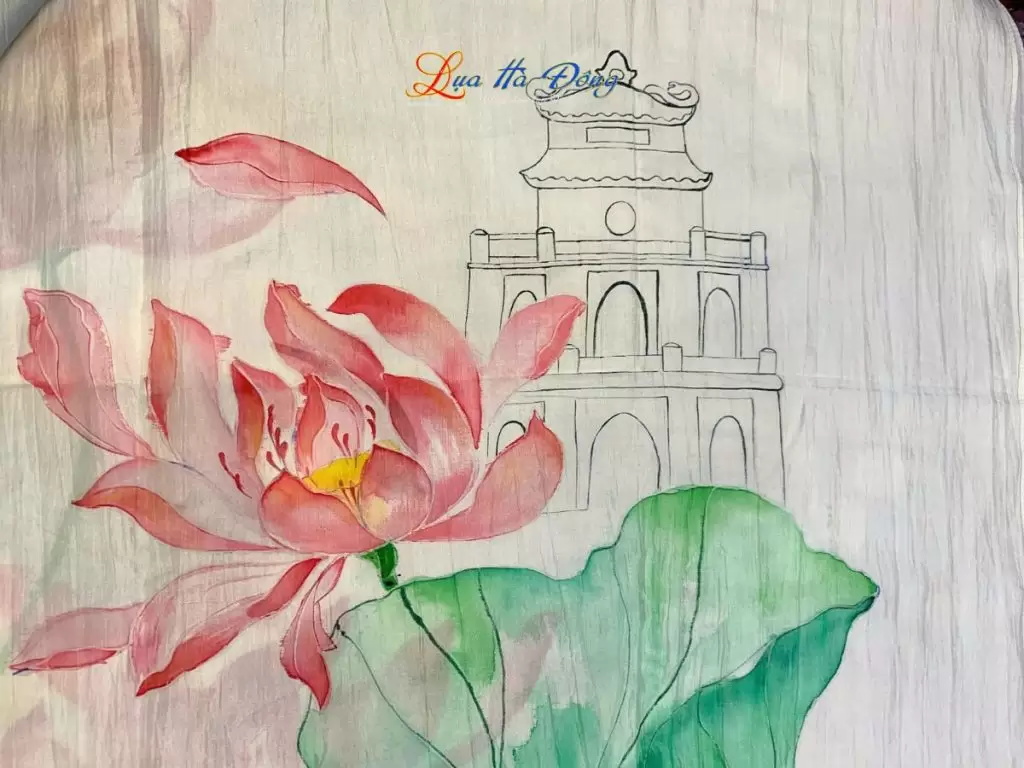 Khăn lụa tơ tằm vẽ tay Hồ Gươm màu kem