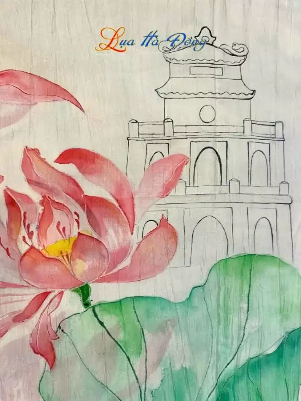 Khăn lụa tơ tằm vẽ tay Hồ Gươm màu kem