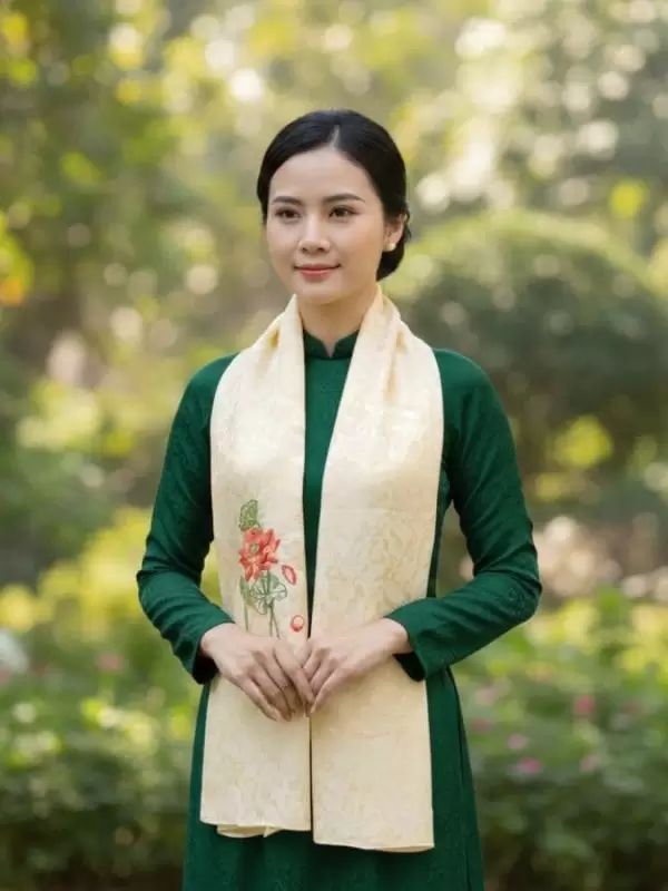 Khăn lụa thêu tay họa tiết đuôi cong màu kem