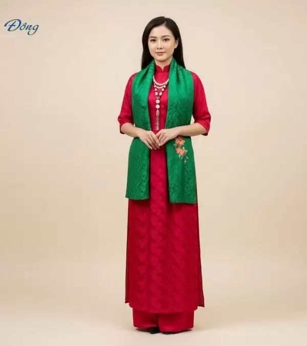 Khăn lụa thêu tay đuôi công xanh lá