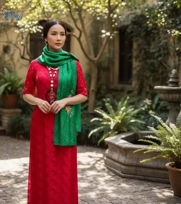 Khăn lụa thêu tay đuôi công xanh lá