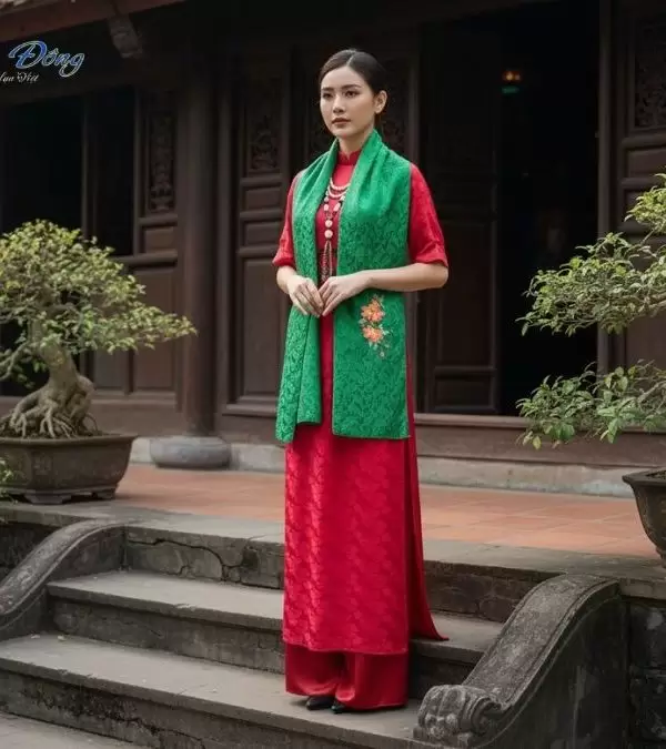 Khăn lụa thêu tay đuôi công xanh lá