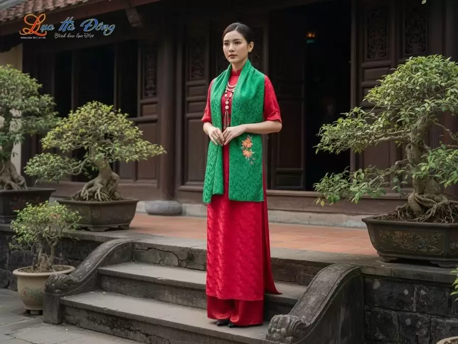 Khăn lụa thêu tay đuôi công xanh lá