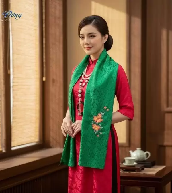 Khăn lụa thêu tay đuôi công xanh lá