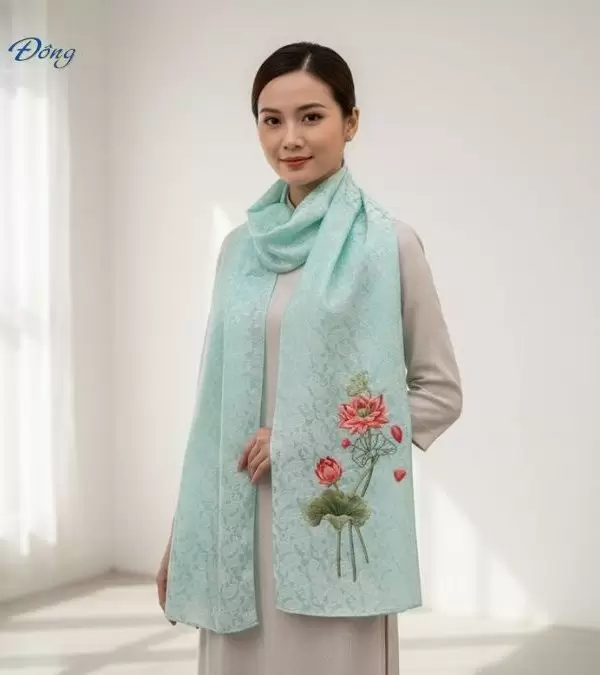 Khăn lụa thêu tay đuôi công xanh mint