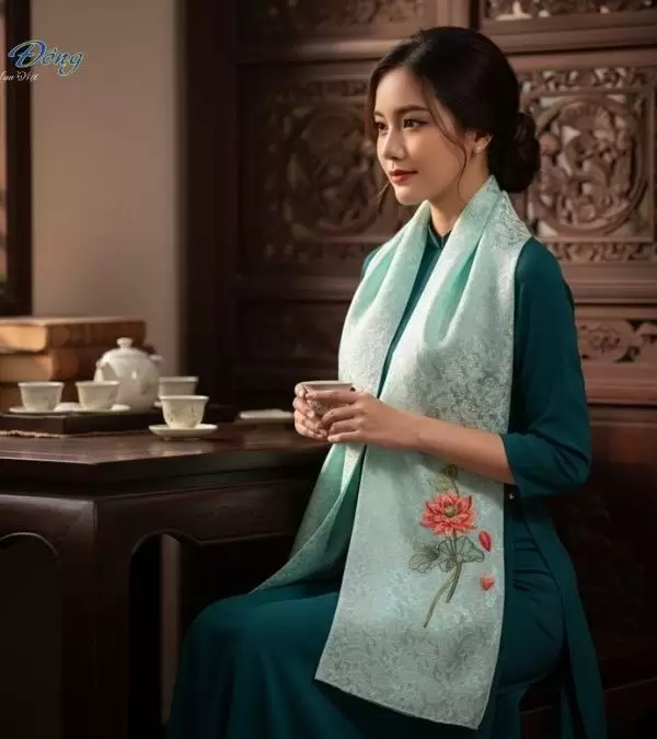 Khăn lụa thêu tay đuôi công xanh mint