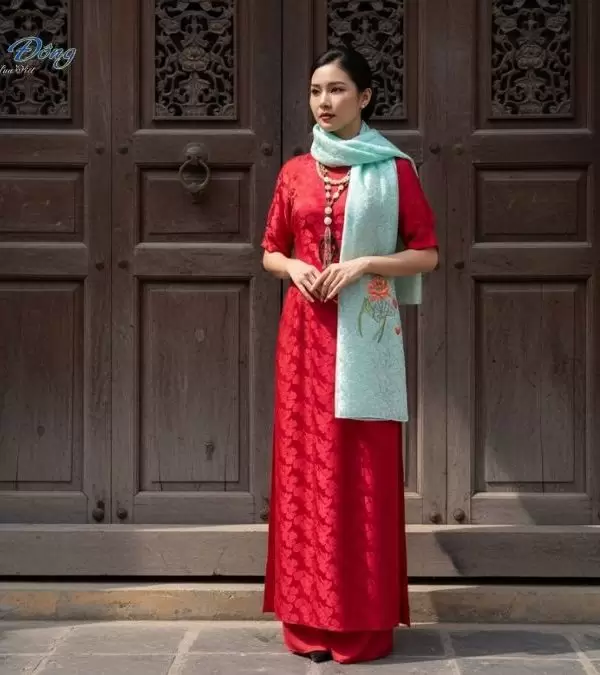 Khăn lụa thêu tay đuôi công xanh mint