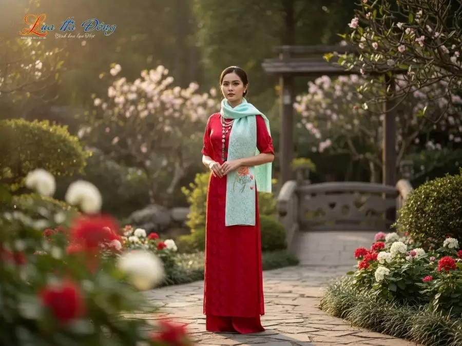 Khăn lụa thêu tay đuôi công xanh mint