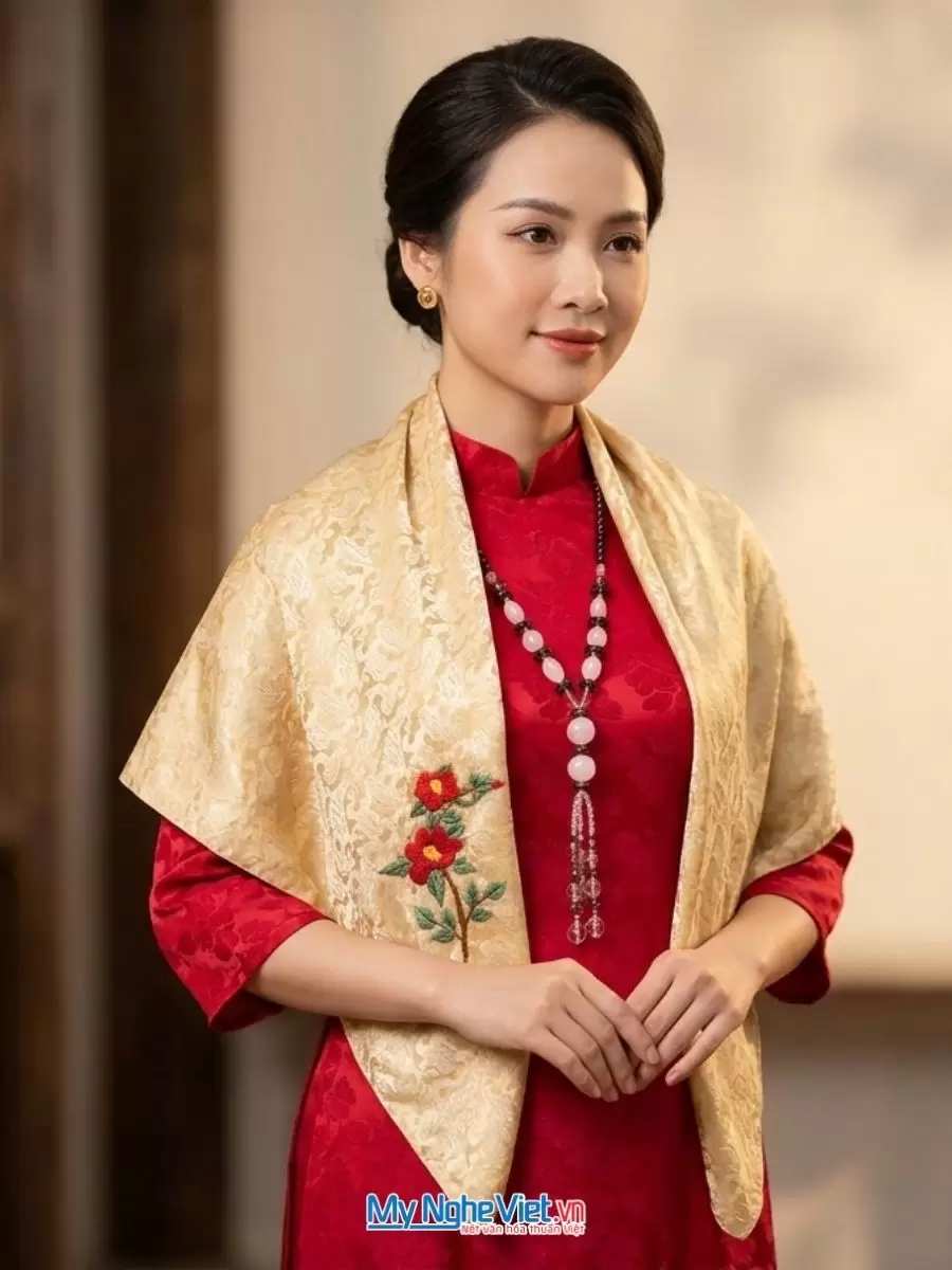 Khăn lụa tơ tằm thêu tay đuôi công vàng đồng