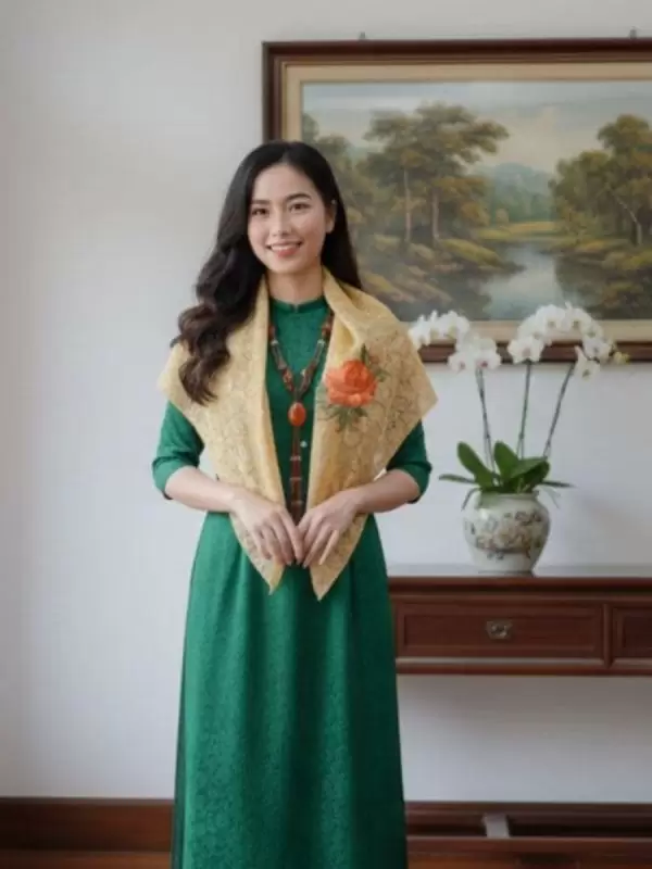 Khăn lụa tơ tằm thêu tay họa tiết đuôi công màu vàng đồng
