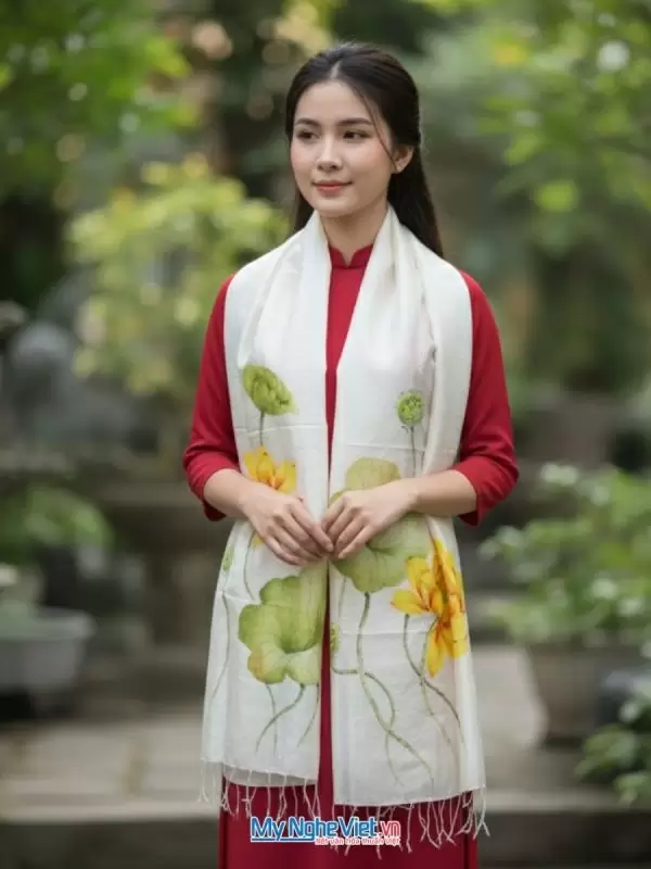 Khăn lụa tơ tằm vẽ tay hoa sen cao cấp