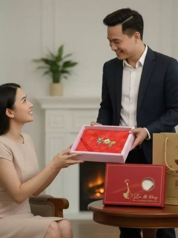 Khăn lụa vuông thêu tay song hỷ màu đỏ