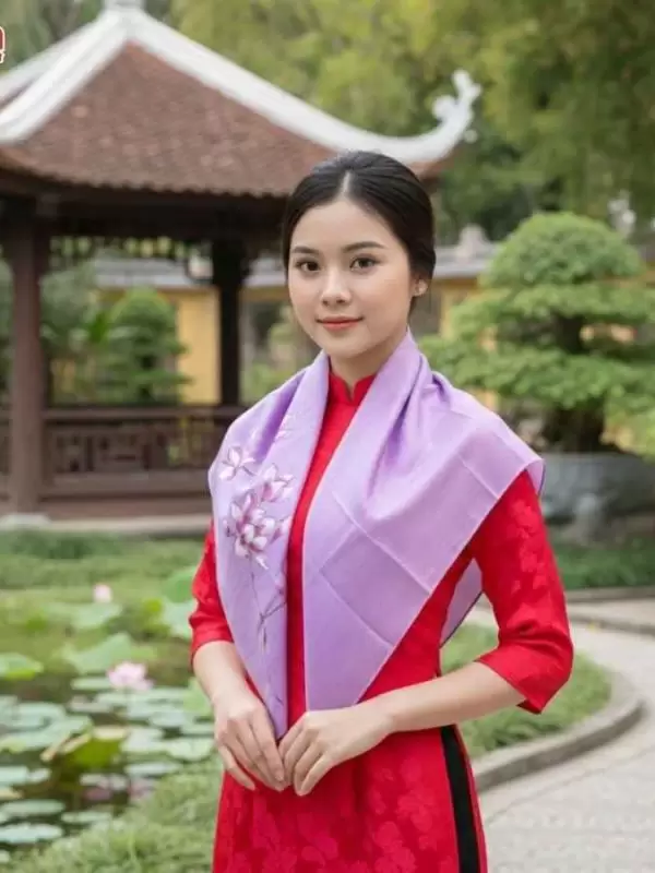 Khăn lụa vuông tơ tằm màu tím vẽ hoa