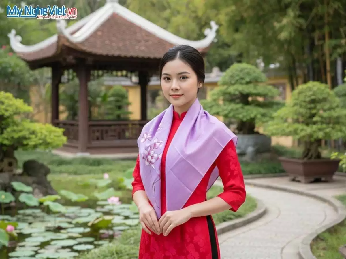 Khăn lụa vuông tơ tằm màu tím vẽ hoa