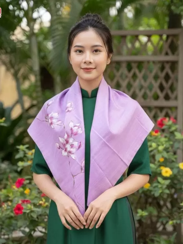 Khăn lụa vuông tơ tằm màu tím vẽ hoa
