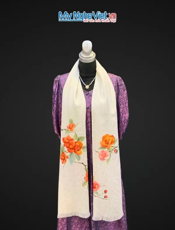 Khăn lụa đũi họa tiết hoa vẽ tay 100% silk cao cấp