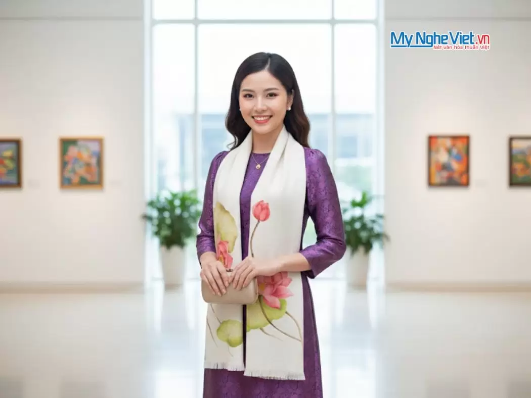 Khăn lụa đũi họa tiết hoa vẽ tay 100% silk cao cấp