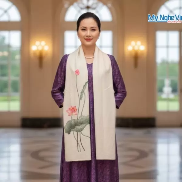 Khăn lụa đũi họa tiết hoa sen thêu tay màu trắng 100% silk cao cấp