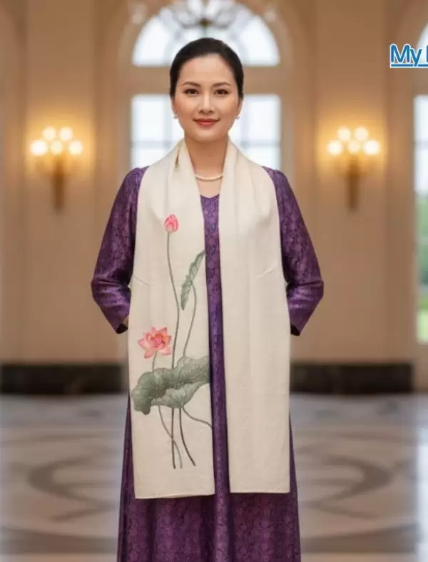 Khăn lụa đũi họa tiết hoa sen thêu tay màu trắng 100% silk cao cấp