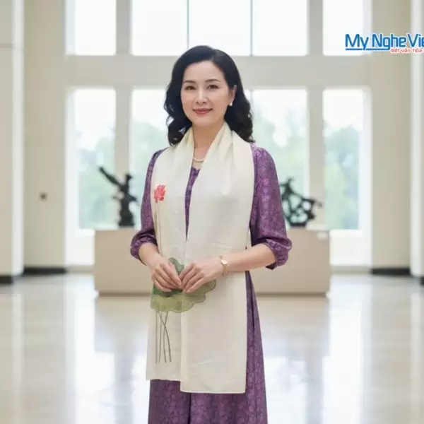 Khăn lụa đũi họa tiết hoa sen thêu tay màu trắng 100% silk cao cấp
