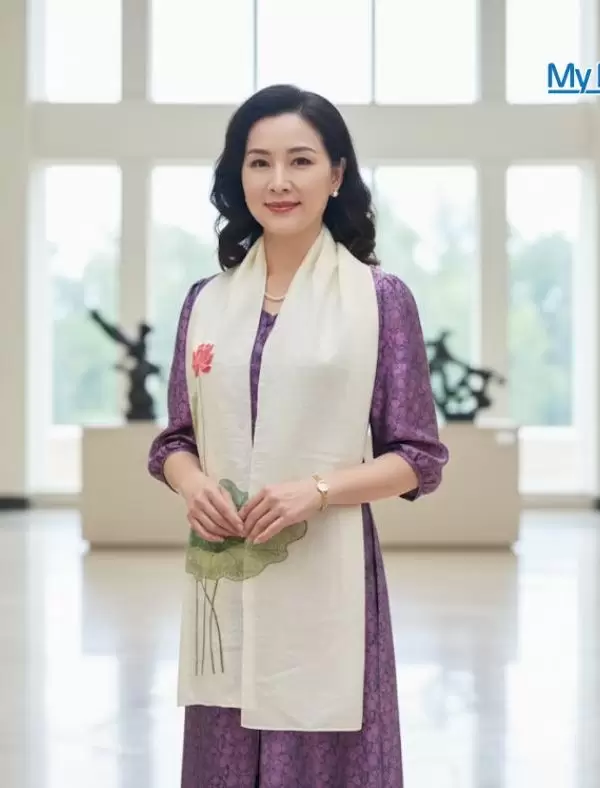 Khăn lụa đũi họa tiết hoa sen thêu tay màu trắng 100% silk cao cấp