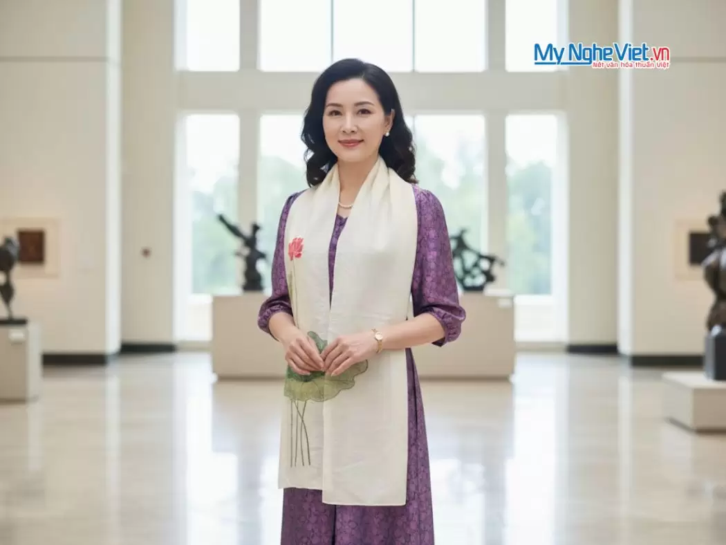 Khăn lụa đũi họa tiết hoa sen thêu tay màu trắng 100% silk cao cấp