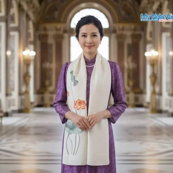 Khăn lụa đũi họa tiết hoa sen thêu tay màu trắng 100% silk cao cấp