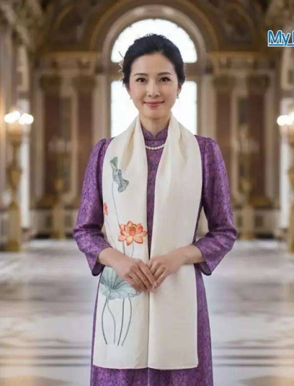 Khăn lụa đũi họa tiết hoa sen thêu tay màu trắng 100% silk cao cấp