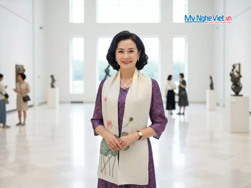 Khăn lụa đũi họa tiết hoa sen thêu tay màu trắng 100% silk cao cấp