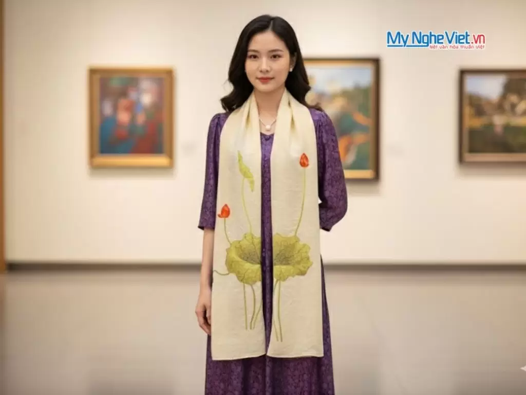 Khăn lụa đũi họa tiết hoa sen thêu tay màu kem 100% silk cao cấp