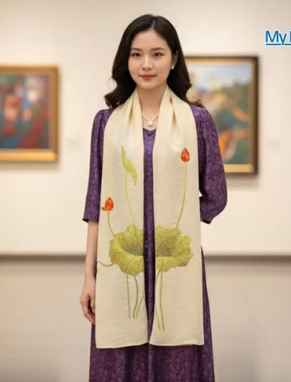 Khăn lụa đũi họa tiết hoa sen thêu tay màu kem 100% silk cao cấp