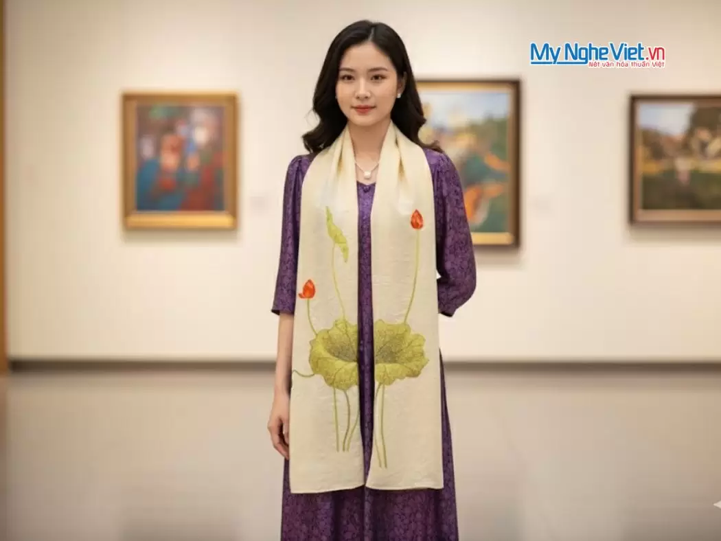 Khăn lụa đũi họa tiết hoa sen thêu tay màu kem 100% silk cao cấp
