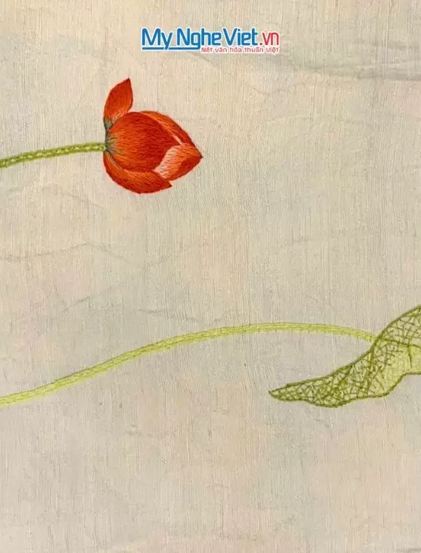 Khăn lụa đũi họa tiết hoa sen thêu tay màu kem 100% silk cao cấp