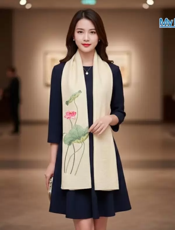 Khăn lụa đũi họa tiết hoa sen thêu tay màu kem 100% silk cao cấp