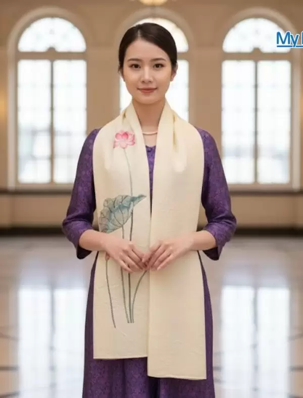 Khăn lụa đũi họa tiết hoa sen thêu tay màu kem 100% silk cao cấp